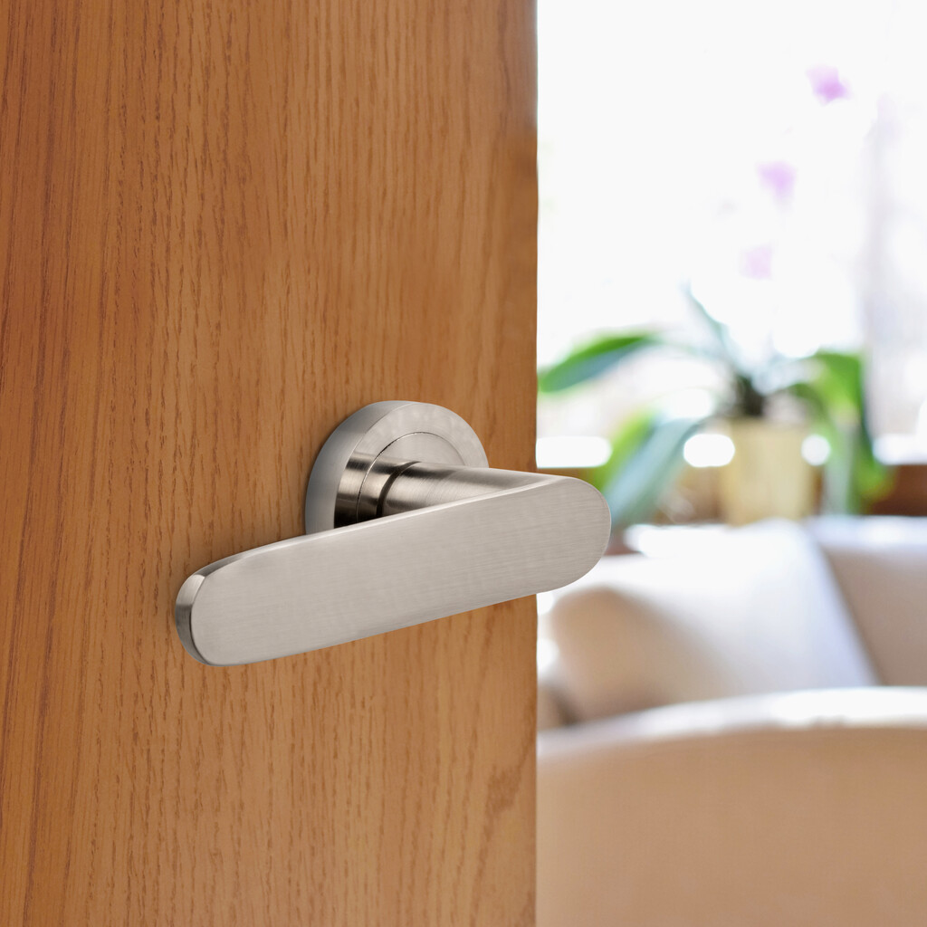 Satz von 5 Bunbury Griffe für Innentüren, mit Rosette D.50mm, Aluminium, Nickel satiniert-2