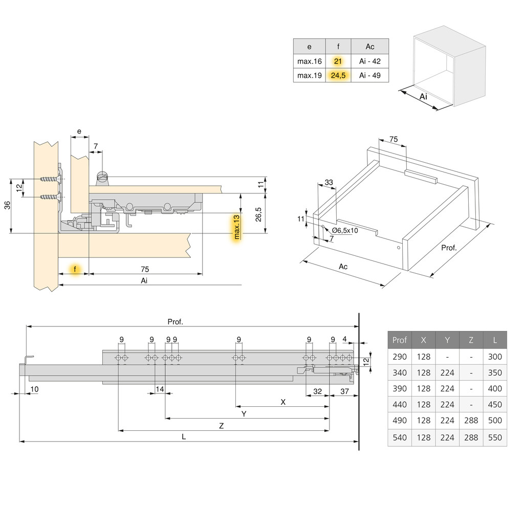 Satz Unterflurführungen Silver, Vollauszug, mit Schließautomatik und Halterung, max.max.Plattenstärke 19mm, Schubladentiefe 490mm, Stahl, Verzinkt-1