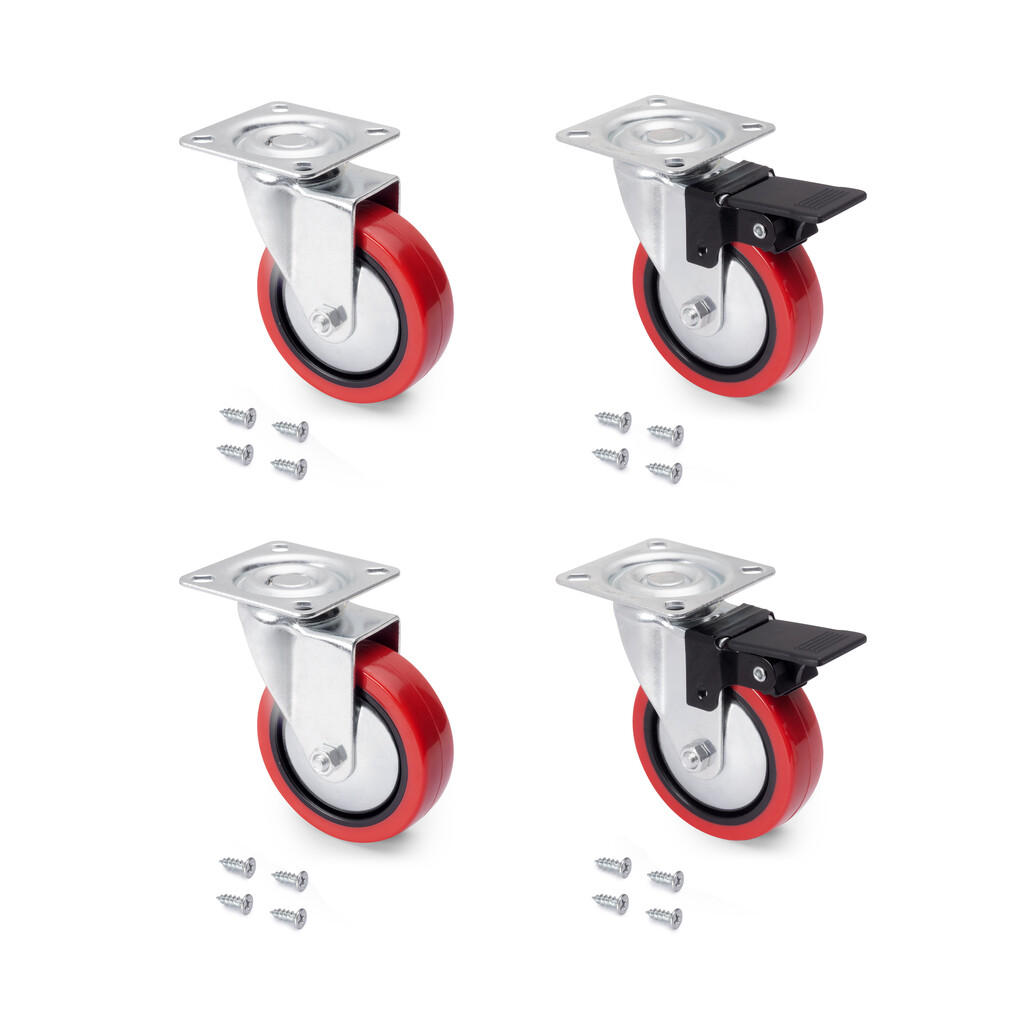 Lot de 4 roulettes Slip 2 Red avec plétine de montage, diamètre 75mm, Acier et Plastique-Primary