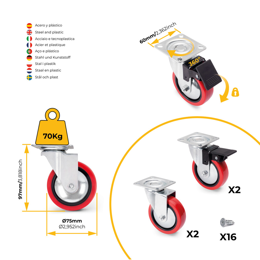 Lot de 4 roulettes Slip 2 Red avec plétine de montage, diamètre 75mm, Acier et Plastique-5
