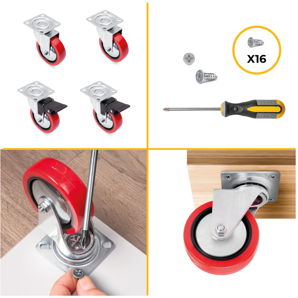 Lot de 4 roulettes Slip 2 Red avec plétine de montage, diamètre 75mm, Acier et Plastique-6