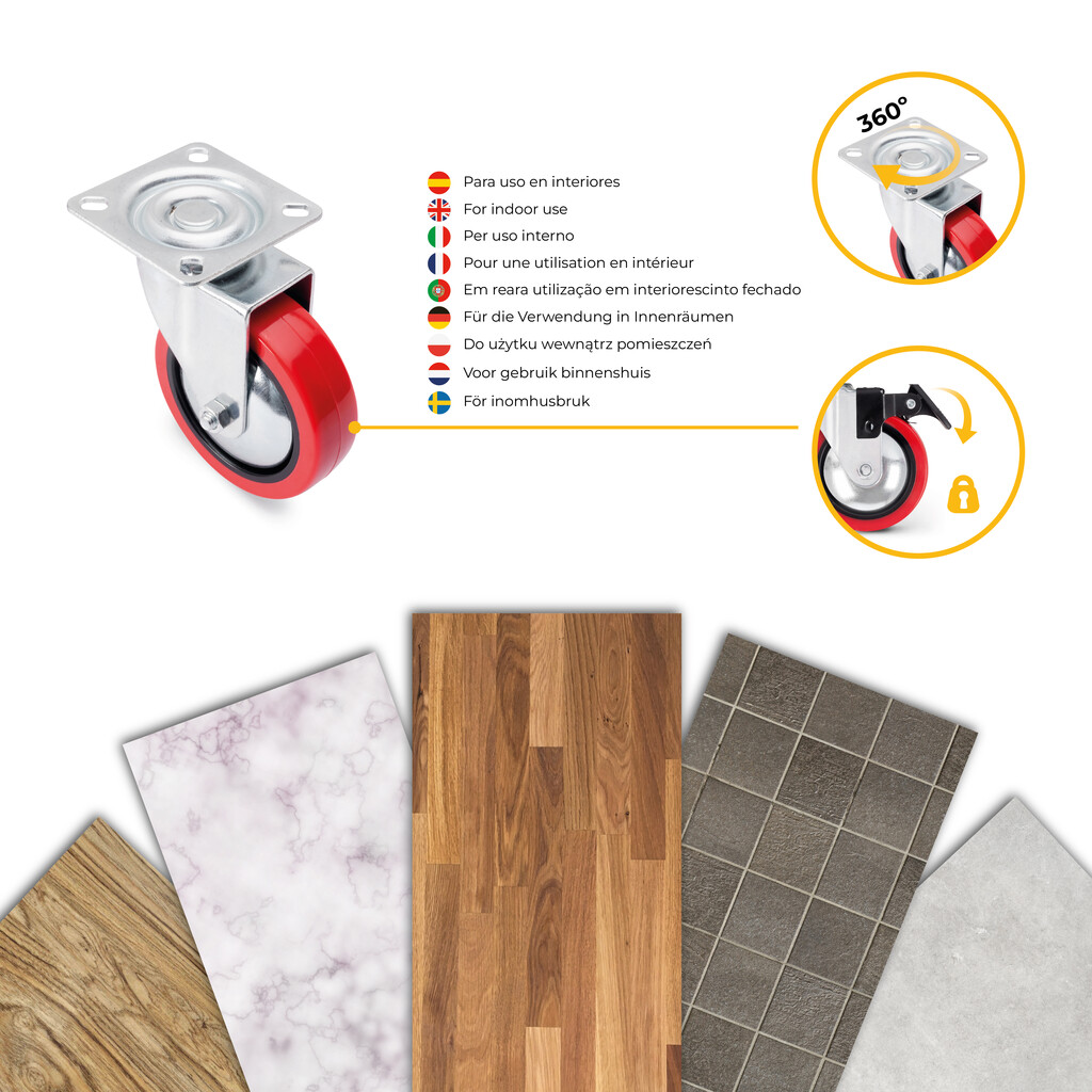 Lot de 4 roulettes Slip 2 Red avec plétine de montage, diamètre 75mm, Acier et Plastique-7