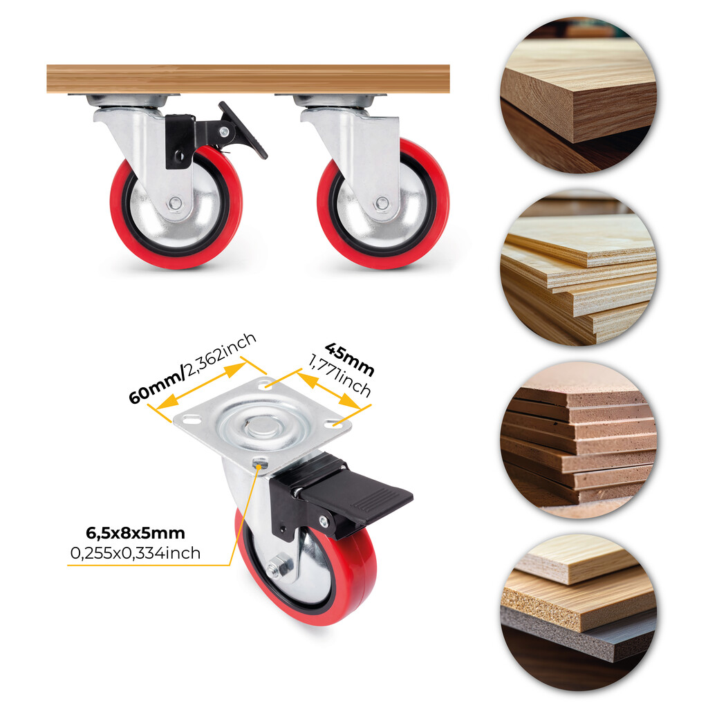 Lot de 4 roulettes Slip 2 Red avec plétine de montage, diamètre 75mm, Acier et Plastique-8