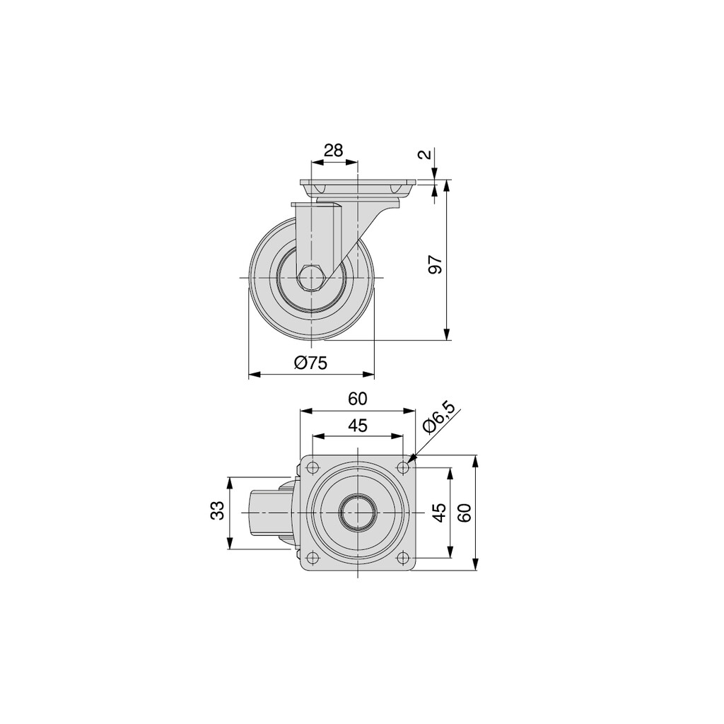 Lot de 4 roulettes Slip 2 Red avec plétine de montage, diamètre 75mm, Acier et Plastique-1