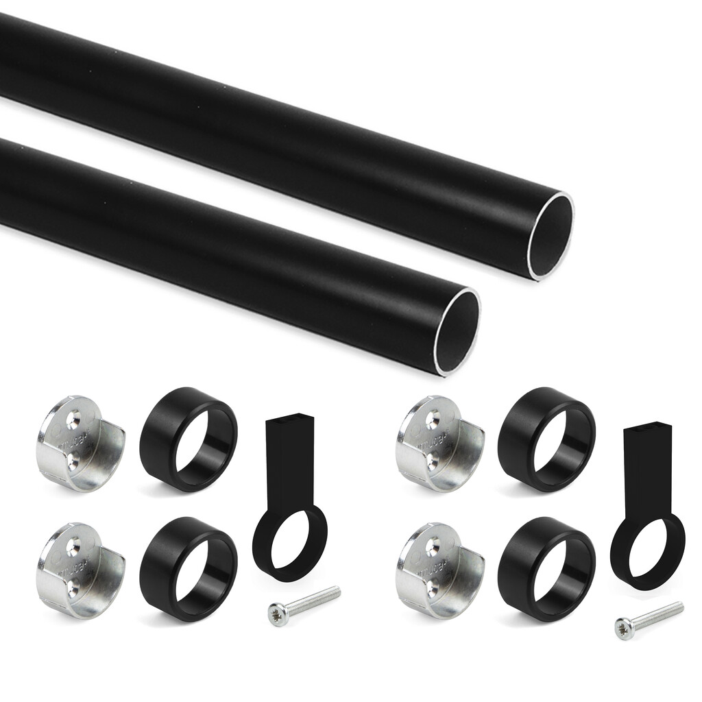 Lot of 2 round wardrobe rails D.28mm length 1.15m with Supports, Aluminium and Zamak, Black painted-Primary