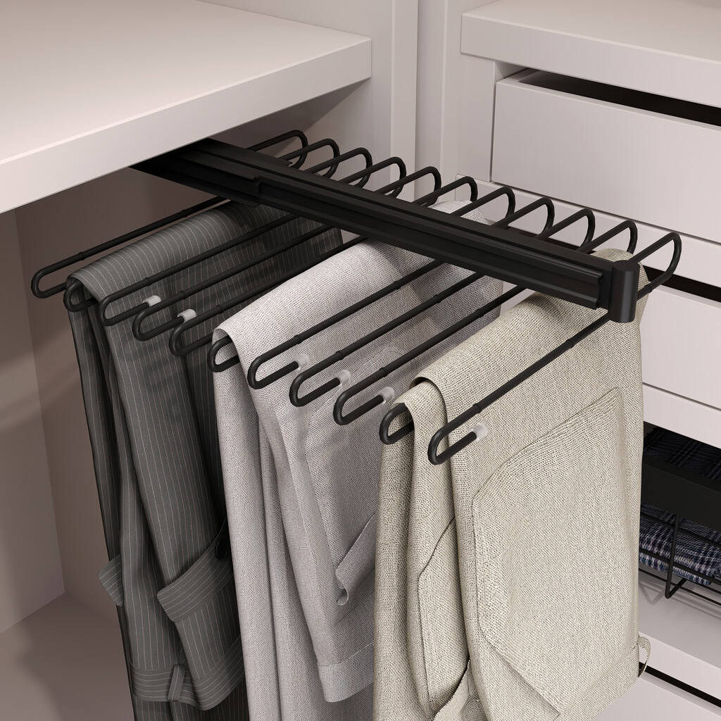 Pull-out trouser rack, 11 rods, full extraction guides, Steel, Black painted-5