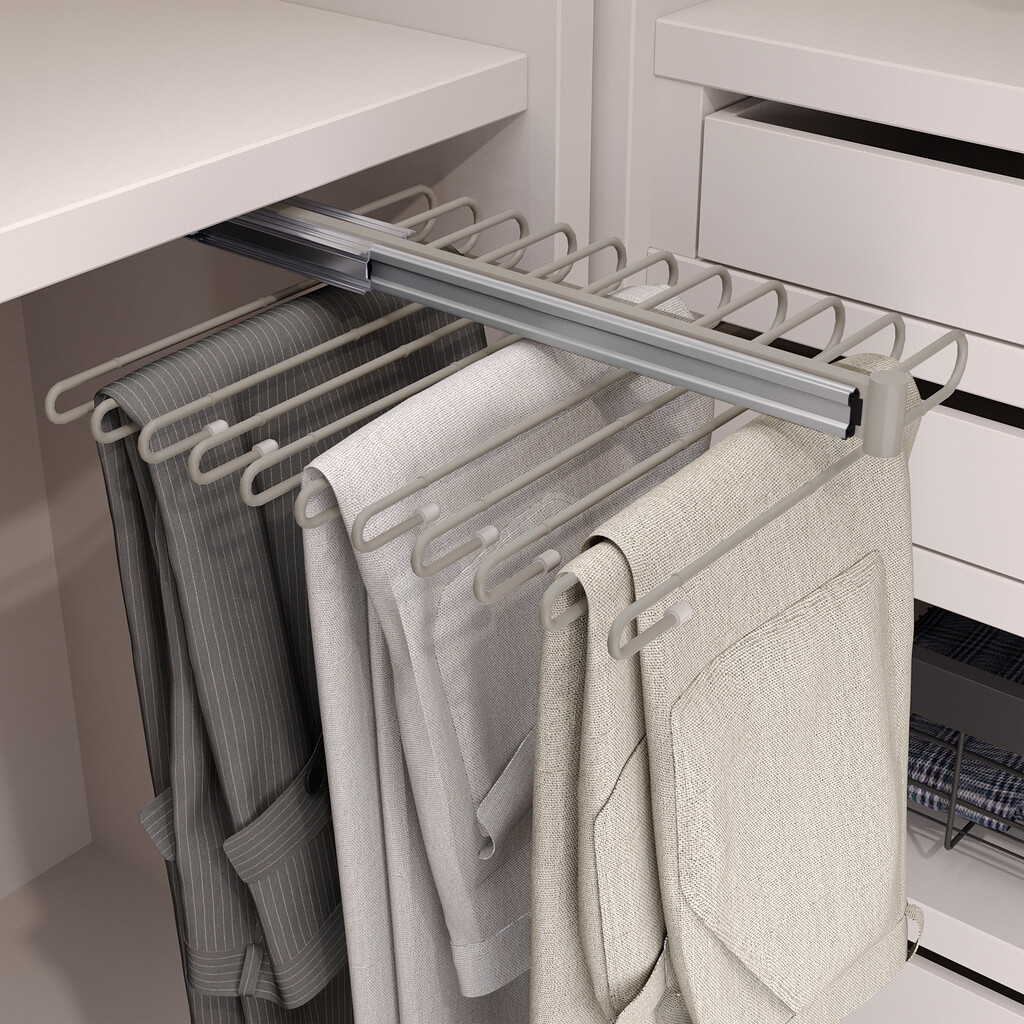 Pull-out trouser rack, 11 rods, full extraction guides, Steel, Painted stone grey-5