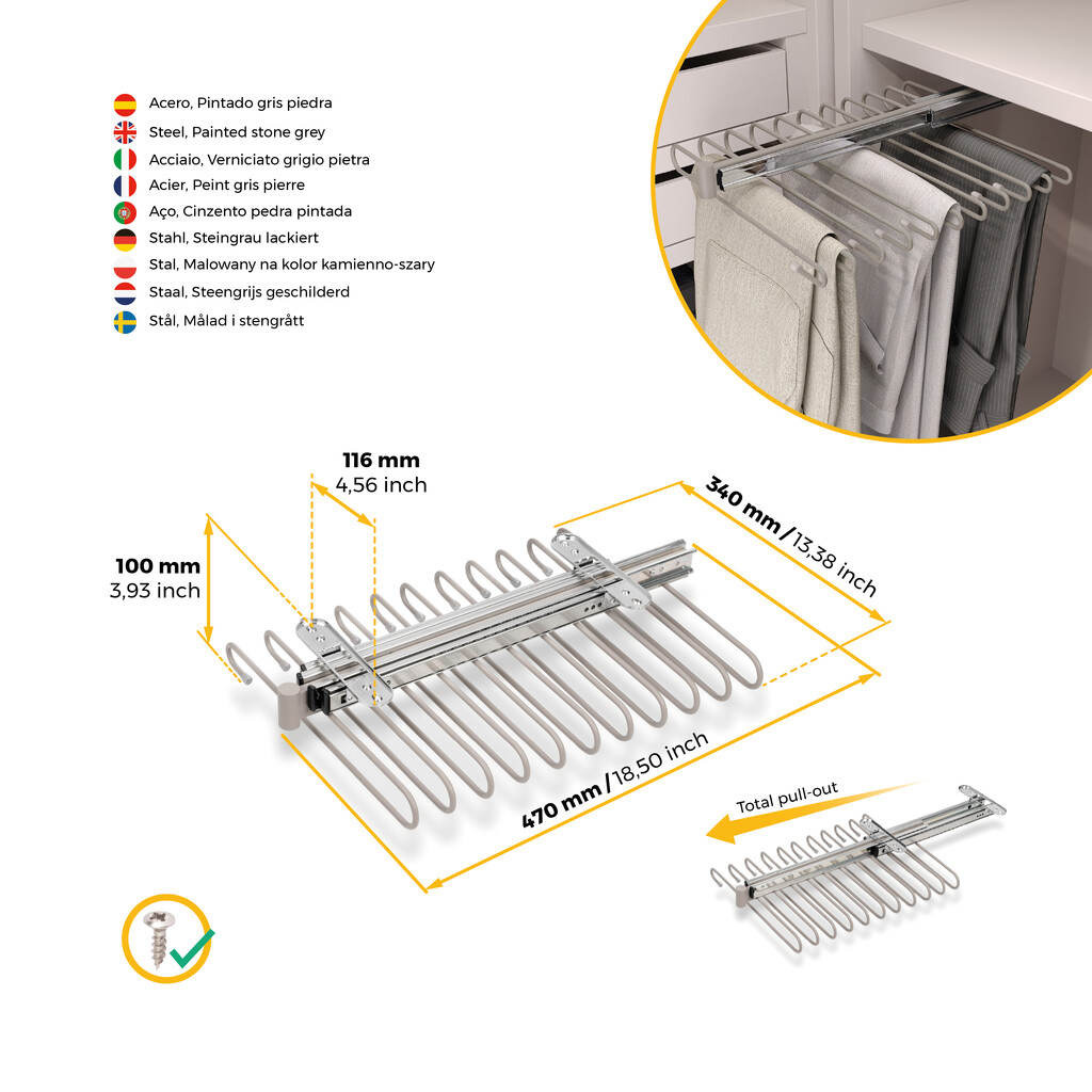 Porte-pantalons extractible, 11 tiges, guides d'extraction totale, Acier, Peint gris pierre-9