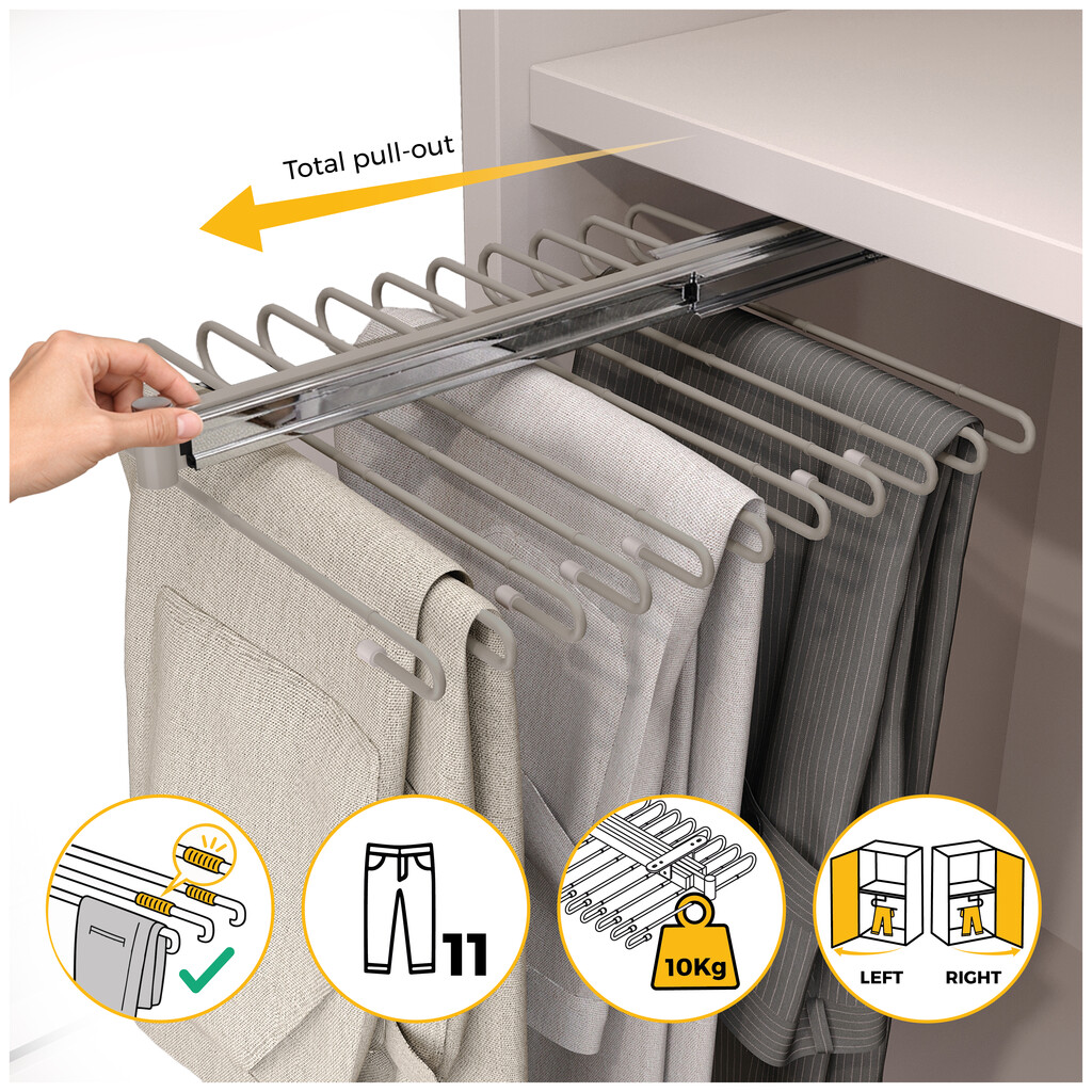 Porte-pantalons extractible, 11 tiges, guides d'extraction totale, Acier, Peint gris pierre-10