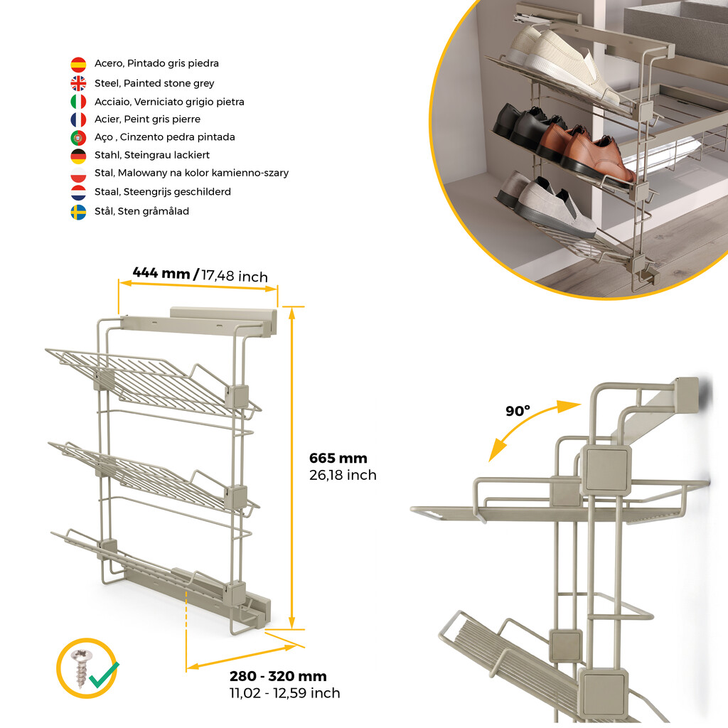 Pull-out side shoe rack for closets and walk-in closets Hack, Right, Painted stone grey, Steel-6