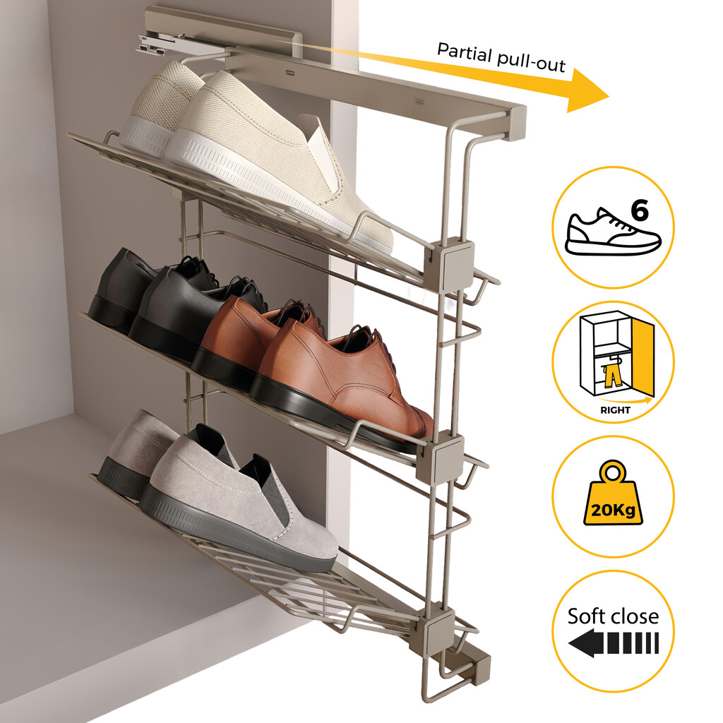 Pull-out side shoe rack for closets and walk-in closets Hack, Right, Painted stone grey, Steel-7
