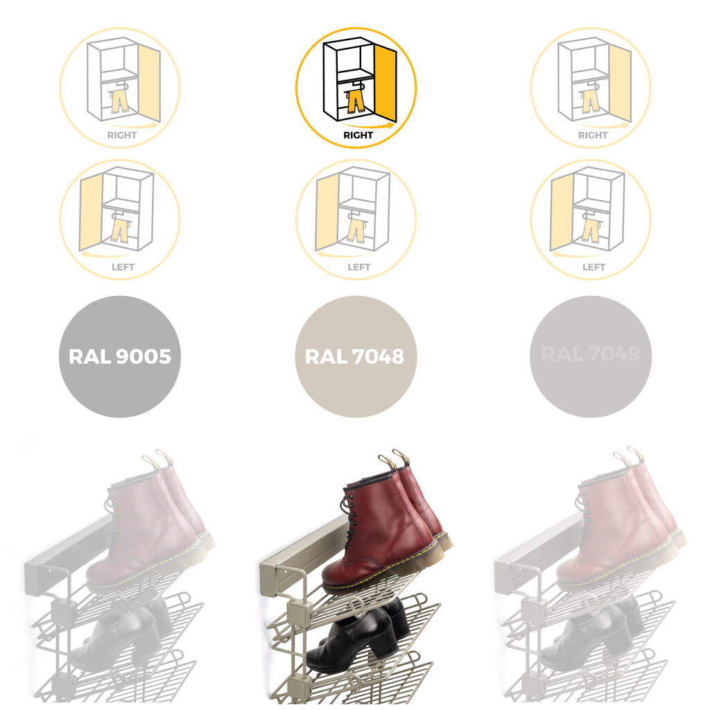 Pull-out side shoe rack for closets and walk-in closets Hack, Right, Painted stone grey, Steel-10