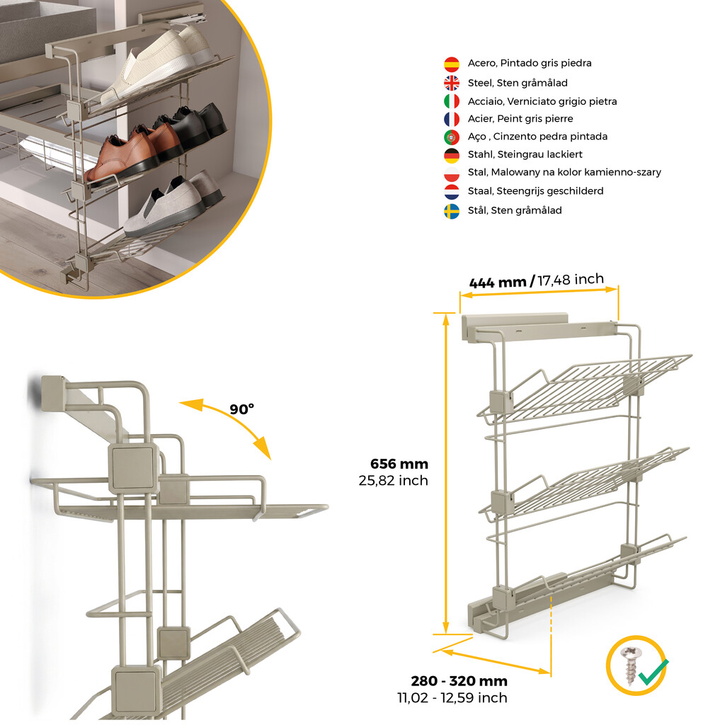 Pull-out side shoe rack for closets and walk-in closets Hack, Left, Painted stone grey, Steel-6