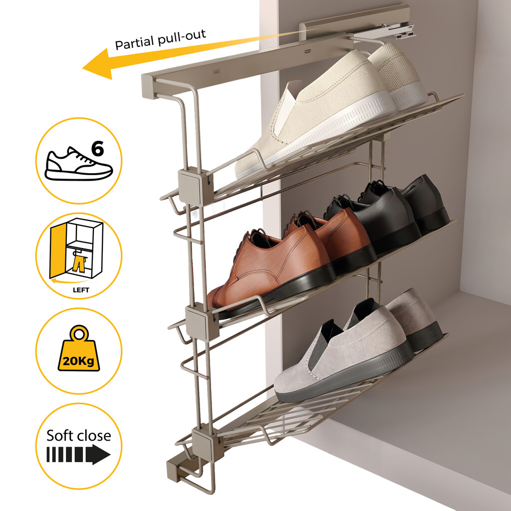 Pull-out side shoe rack for closets and walk-in closets Hack, Left, Painted stone grey, Steel-7