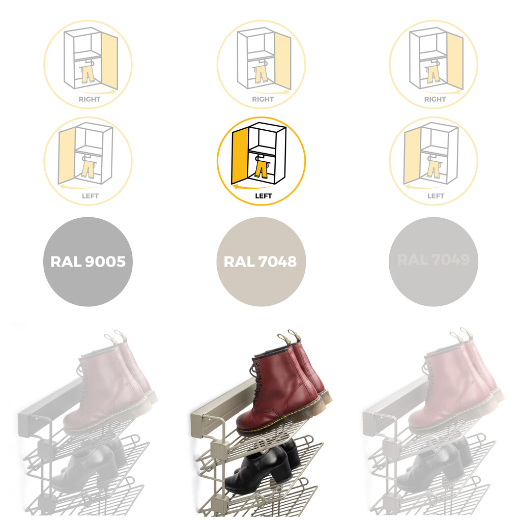 Pull-out side shoe rack for closets and walk-in closets Hack, Left, Painted stone grey, Steel-10