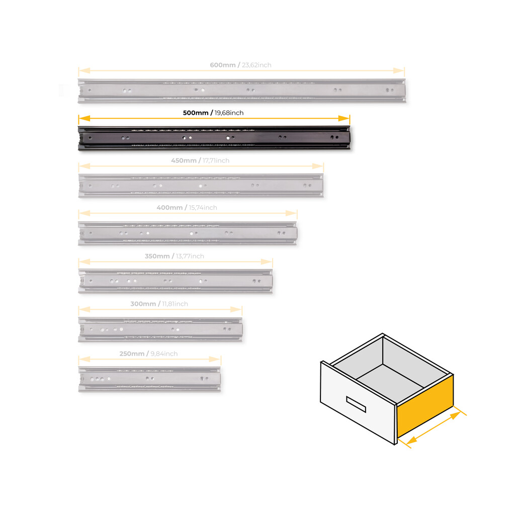 Satz kugelgelagerter Korpusschieneen für Schubladen mit Vollauszug, Höhe 45mm, Länge 500mm, Stahl, Schwarz lackiert-9