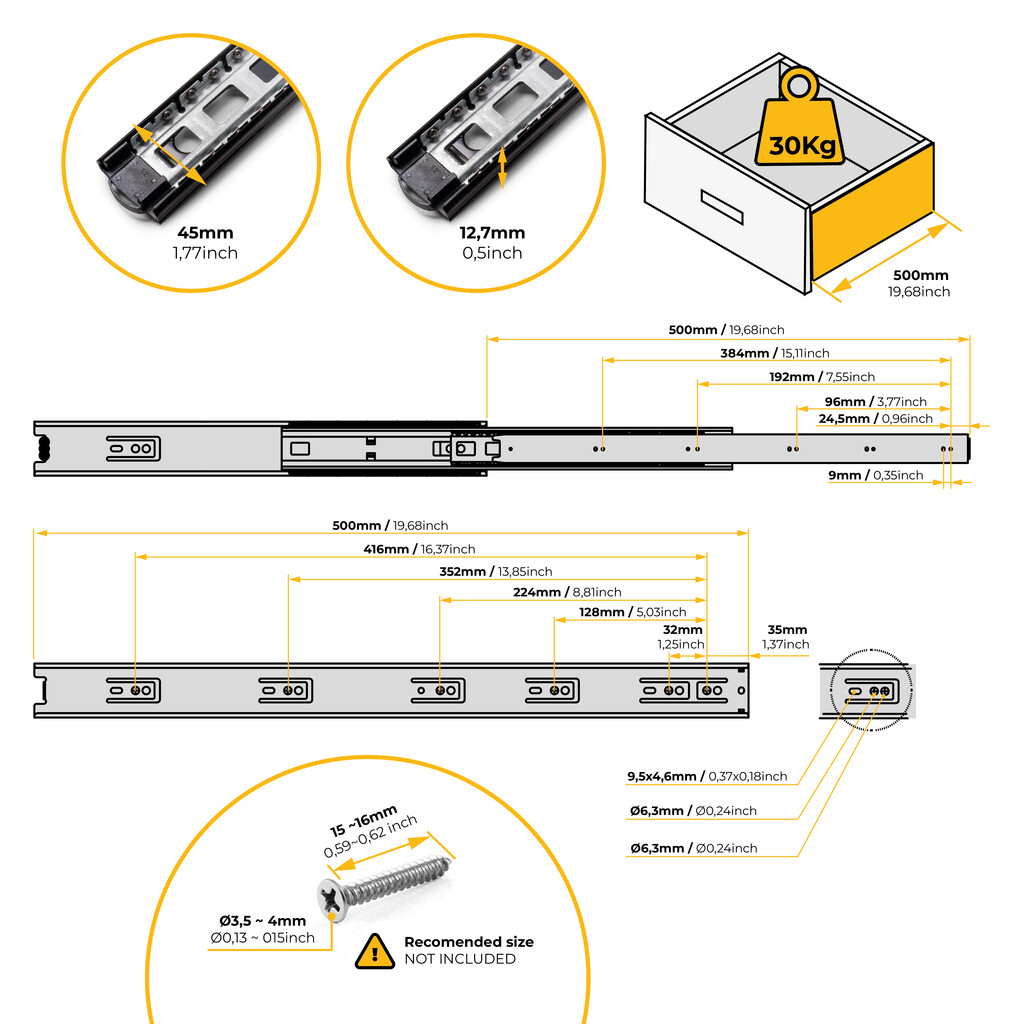 Satz kugelgelagerter Korpusschieneen für Schubladen mit Vollauszug, Höhe 45mm, Länge 500mm, Stahl, Schwarz lackiert-1
