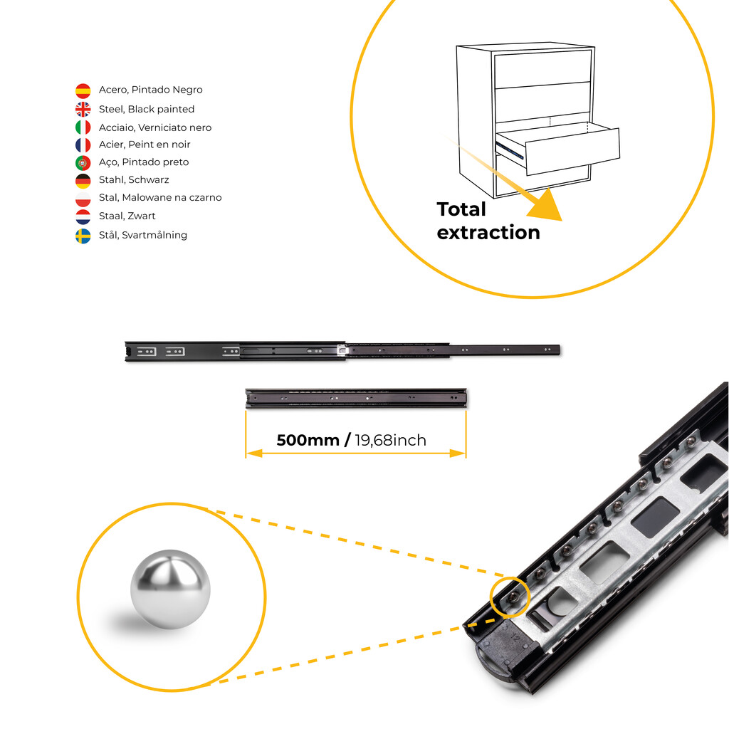 Satz kugelgelagerter Korpusschieneen für Schubladen mit Vollauszug, Höhe 45mm, Länge 500mm, Stahl, Schwarz lackiert-7