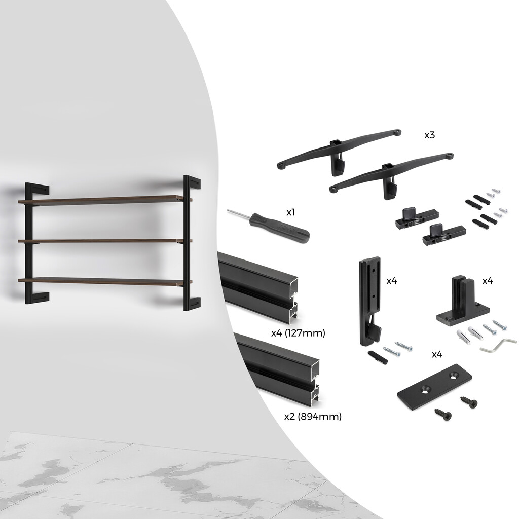 Kit of Zero modular frame with fittings for wall fixing assembly, Aluminium and Zamak, Textured Black painted-Primary