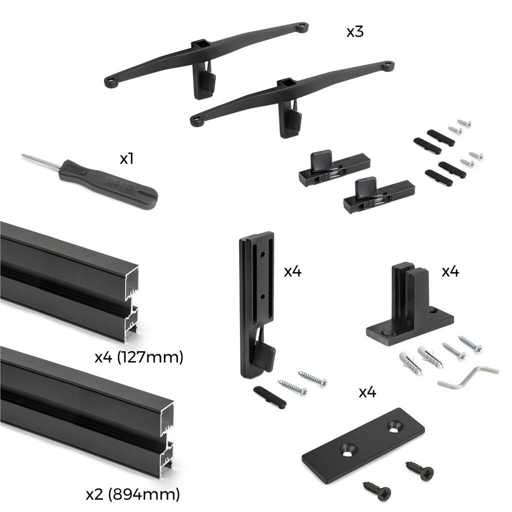 Kit of Zero modular frame with fittings for wall fixing assembly, Aluminium and Zamak, Textured Black painted-7