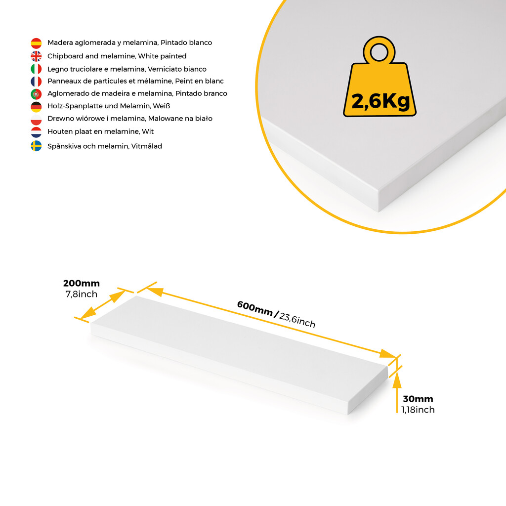 Tablero para baldas de estante, 600x200mm, espesor 30mm, Madera, Pintado blanco-8