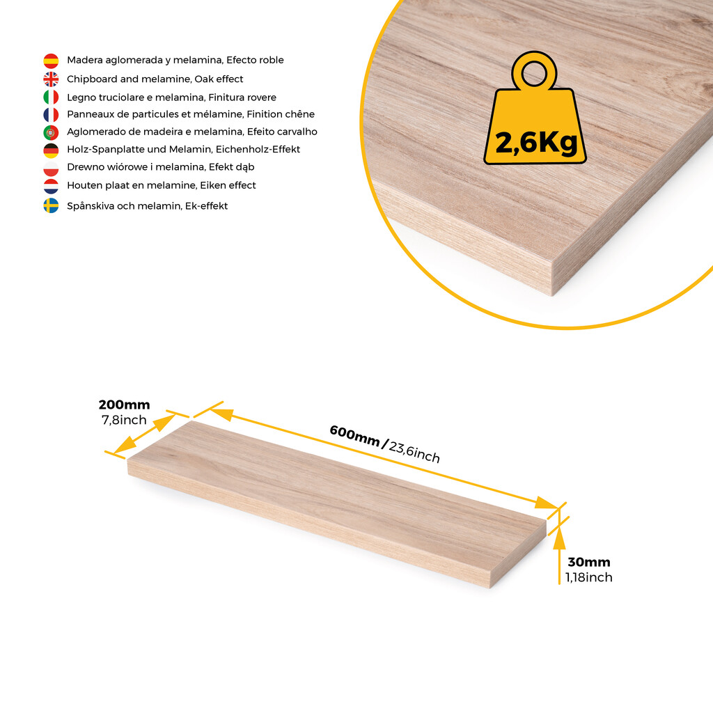 Plateaux pour étagères, 600x200, Finition chêne, Bois-8