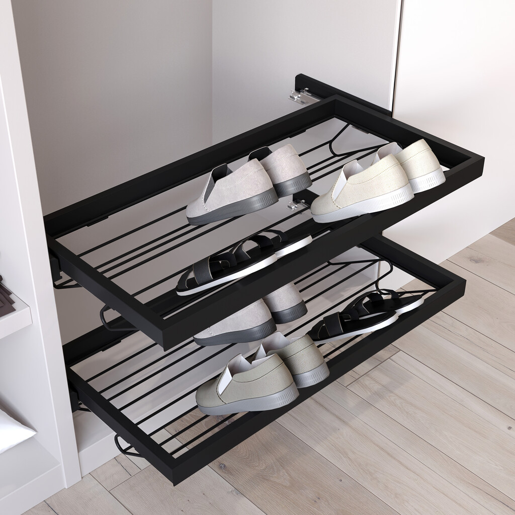 Set aus Metall-Schuh-Regal set und Rahmen mit sanften Schließen Auszüge für Garderobe, verstellbar, Modul 900mm, Schwarz strukturiert-4