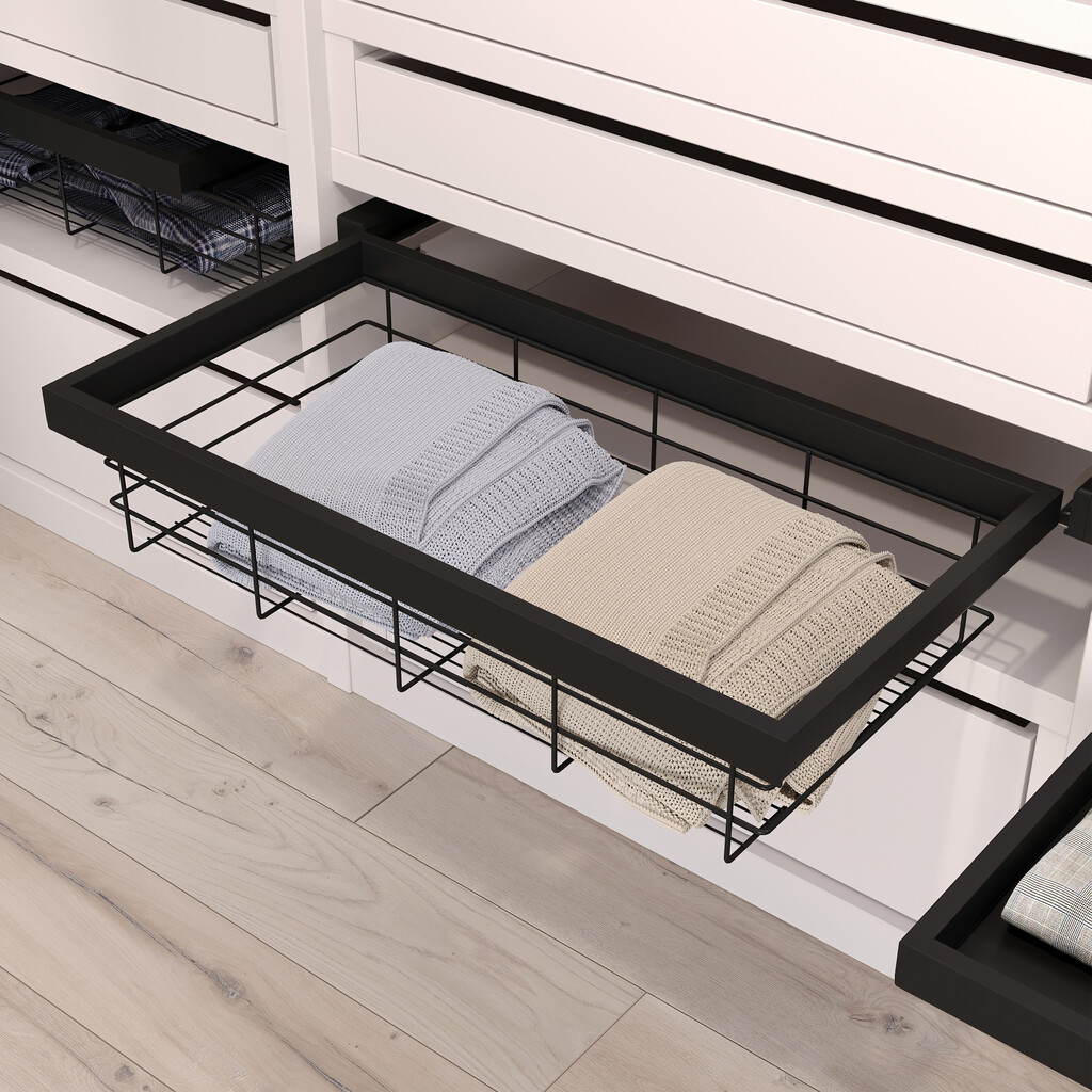Set aus Drahtkorb- und Gleitrahmenset mit sanftem Schließen für Kleiderschrank, verstellbar, Modul 600mm, Schwarz texturiert-4