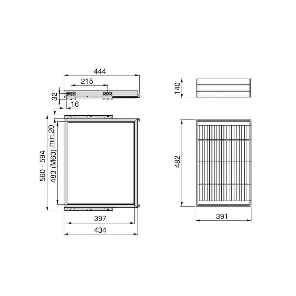 Set aus Drahtkorb- und Gleitrahmenset mit sanftem Schließen für Kleiderschrank, verstellbar, Modul 600mm, Schwarz texturiert-1