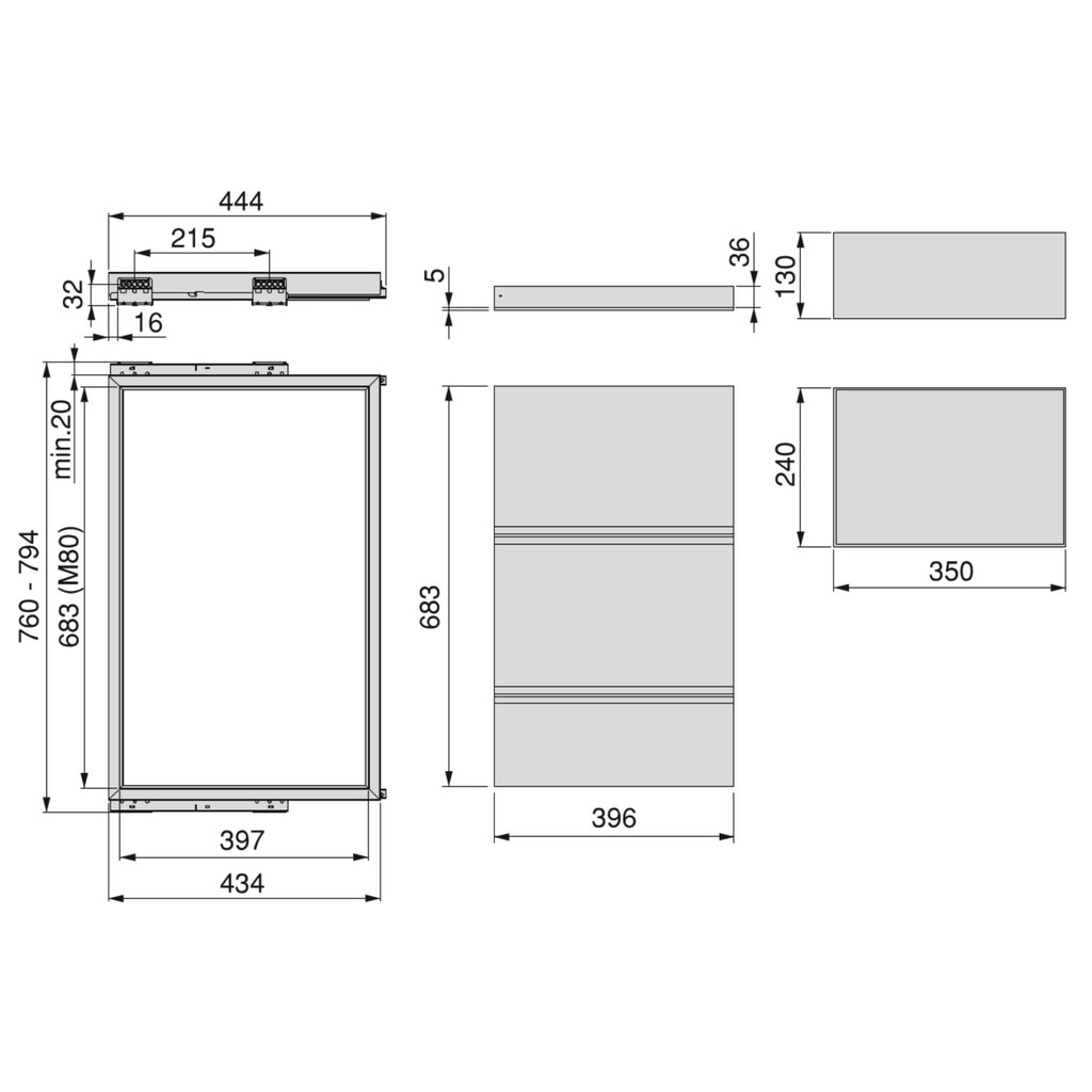 Set aus Tray set, 2 Organizer-Körbe und Soft-Close-Führungsrahmen für Schränke, verstellbar, Modul 800mm, Schwarzer strukturiert-1