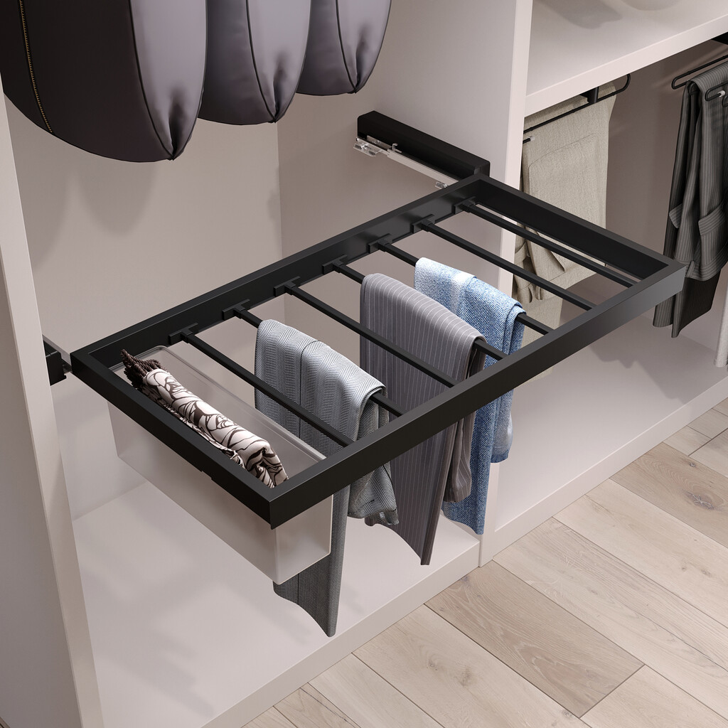 Set aus 7 Hosenträgern, 1 Tablett und sanft schließendem Gleitrahmen für Kleiderschränke, verstellbar, Modul 800mm, Schwarz texturiert-4