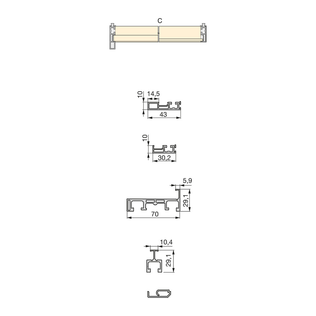Kit de profilés pour la réalisation d'une porte de placard Free, Type C, Aluminium, Anodisé mat-1
