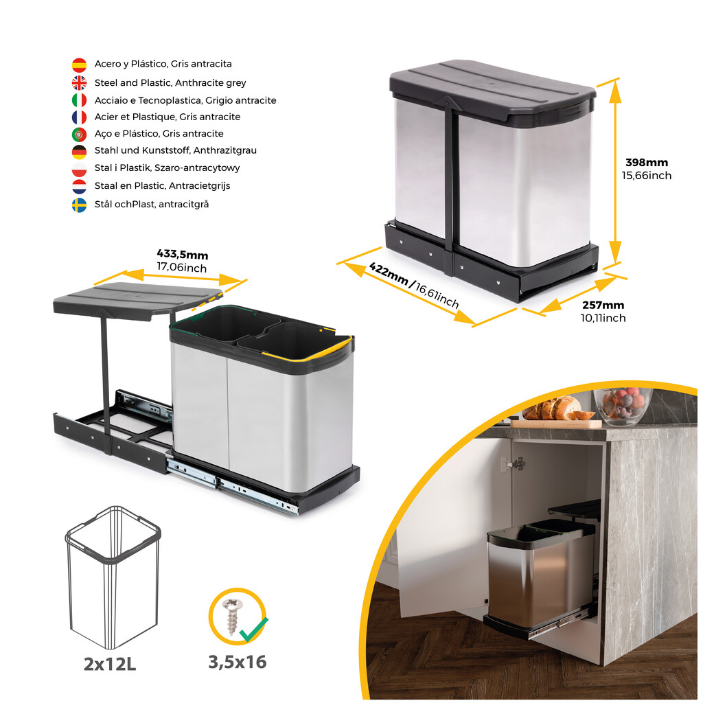 Balde do lixo para montagem no fundo e extraível manualmente/automaticamente em móveis de cozinha Recycle Inox 2x12litros, Plástico e Aço inox.-12
