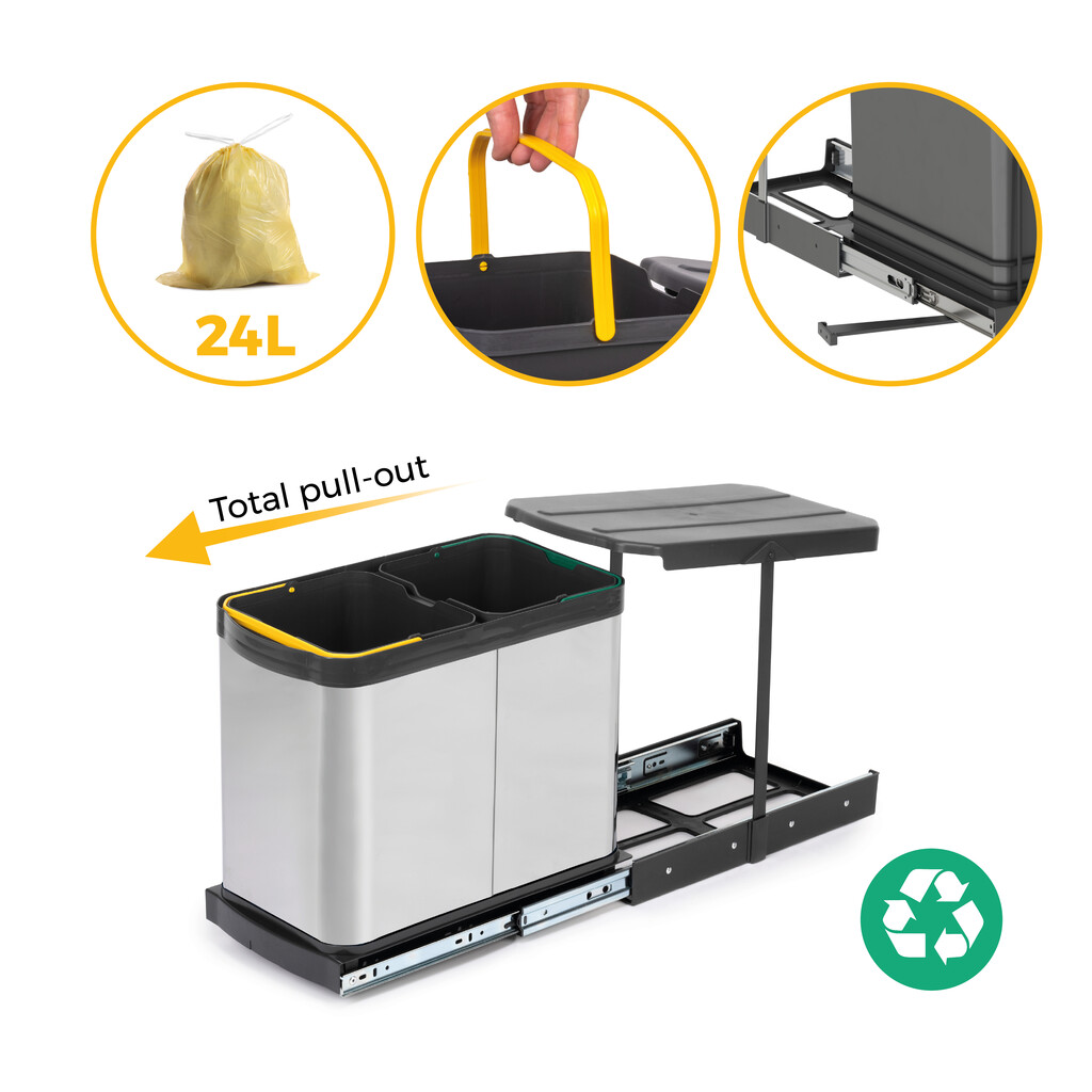 Balde do lixo para montagem no fundo e extraível manualmente/automaticamente em móveis de cozinha Recycle Inox 2x12litros, Plástico e Aço inox.-14