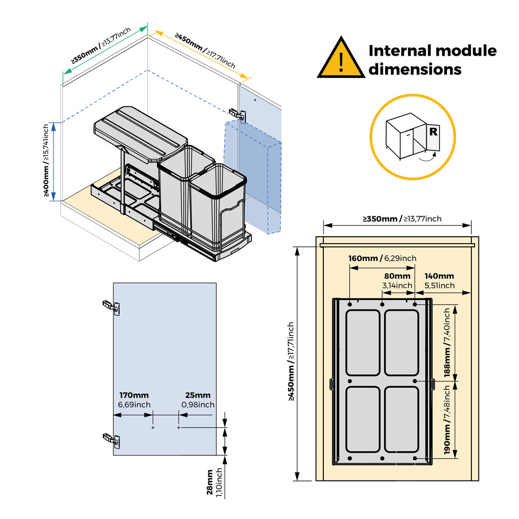 Balde do lixo para montagem no fundo e extraível manualmente/automaticamente em móveis de cozinha Recycle Inox 2x12litros, Plástico e Aço inox.-3