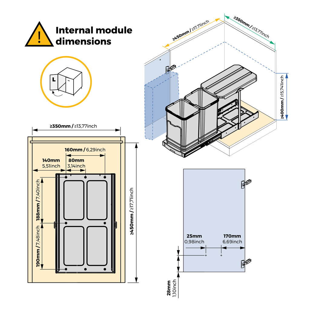 Balde do lixo para montagem no fundo e extraível manualmente/automaticamente em móveis de cozinha Recycle Inox 2x12litros, Plástico e Aço inox.-4