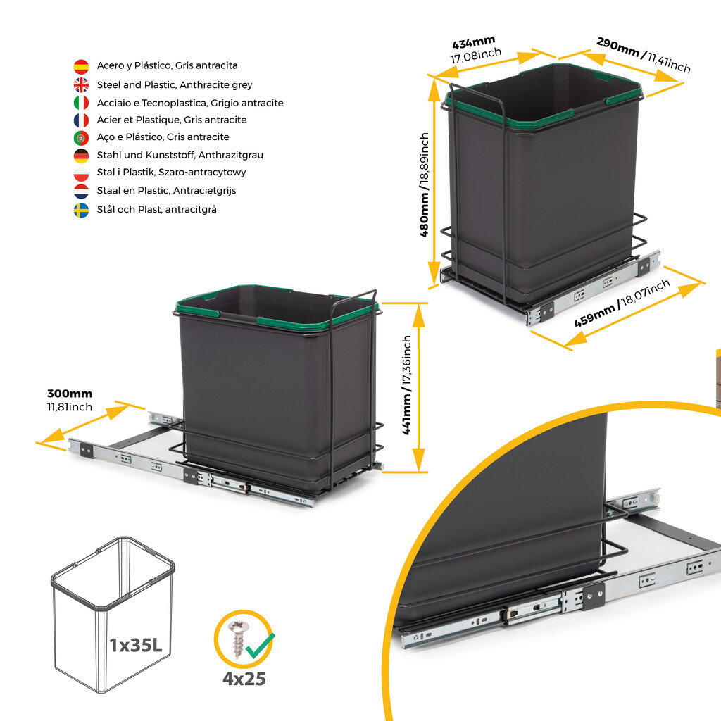 Recycling bin for bottom fixing and manual pull-out in kitchen units, 1x35 litre, Anthracite grey plastic-8