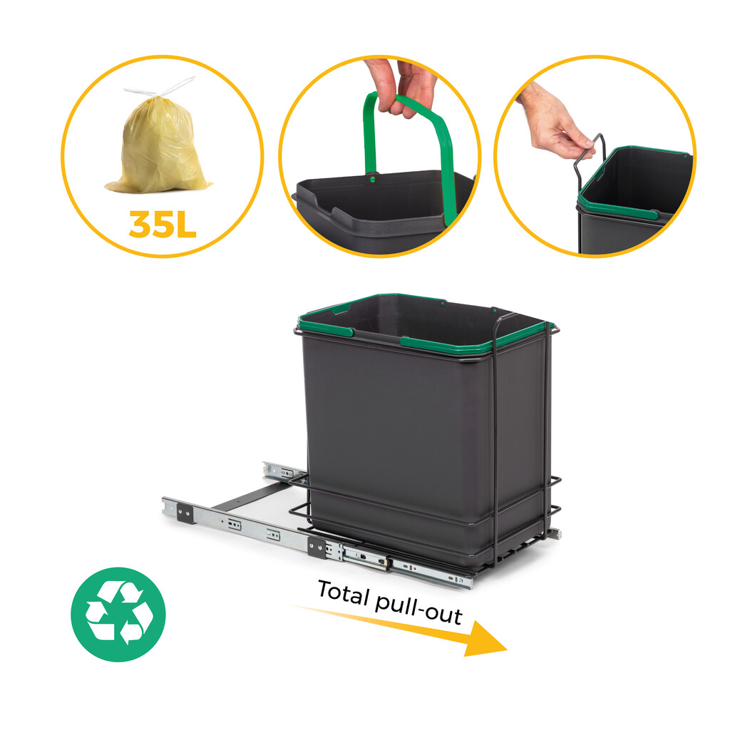Recycling bin for bottom fixing and manual pull-out in kitchen units, 1x35 litre, Anthracite grey plastic-10