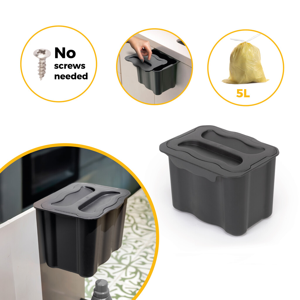 Contenedor de reciclaje para colgar en la puerta y recoger la basura Recycle, 1 vaso de 5 litros, con tapa, Plástico gris antracita-10
