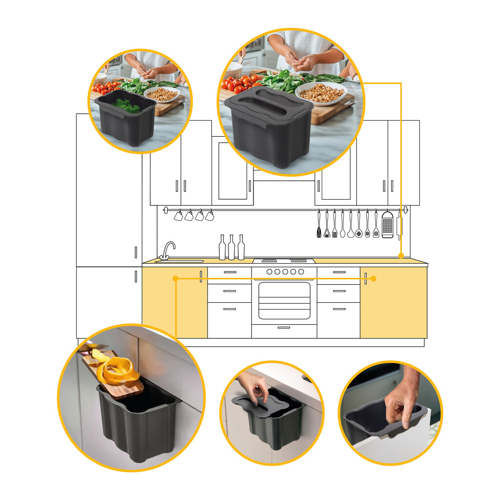 Contenedor de reciclaje para colgar en la puerta y recoger la basura Recycle, 1 vaso de 5 litros, con tapa, Plástico gris antracita-11