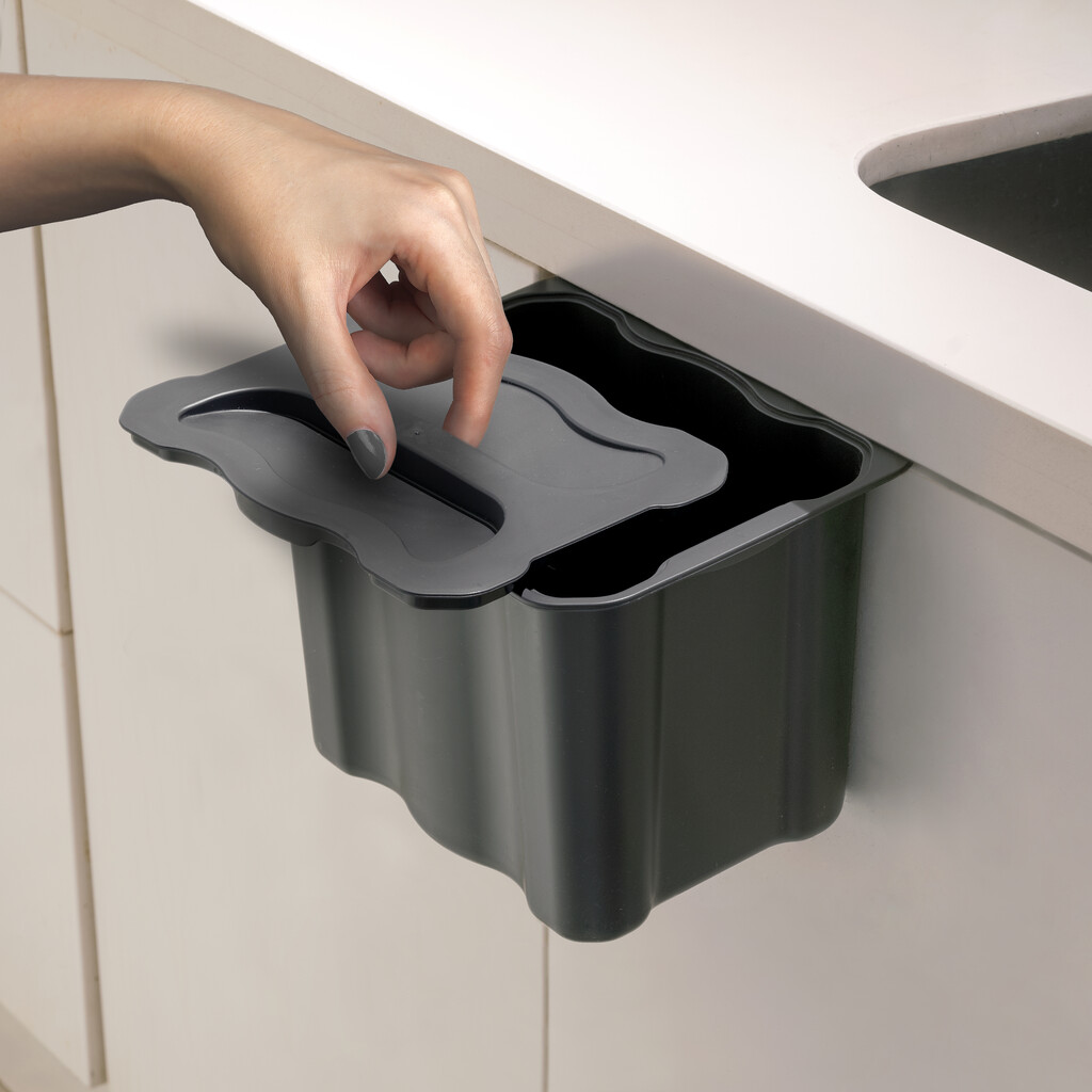 Contenedor de reciclaje para colgar en la puerta y recoger la basura Recycle, 1 vaso de 5 litros, con tapa, Plástico gris antracita-6