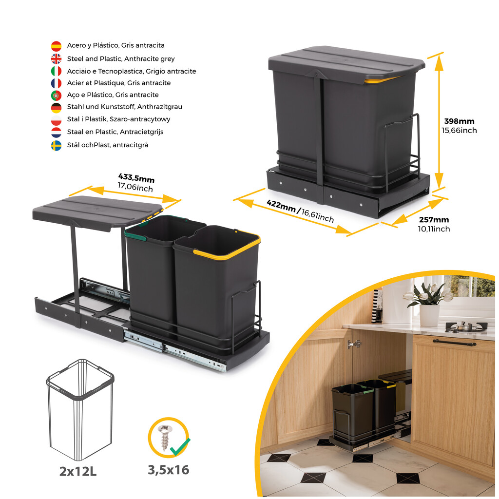 Balde do lixo reciclável Recycle para montagem no fundo e extraível manualmente/automaticamente na unidade de cozinha Recycle 2x12 litros, Cinza antracite Plástico-13