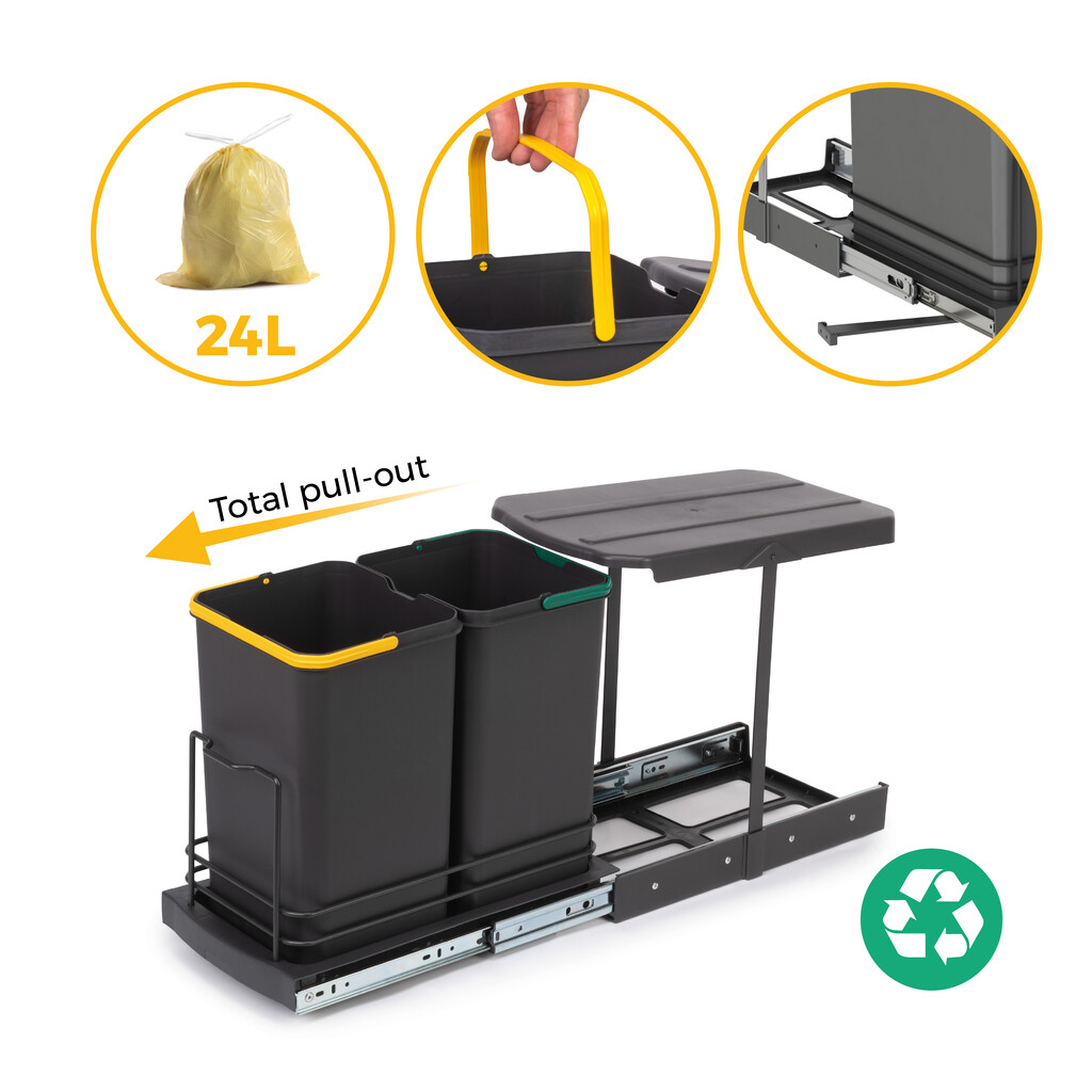 Balde do lixo reciclável Recycle para montagem no fundo e extraível manualmente/automaticamente na unidade de cozinha Recycle 2x12 litros, Cinza antracite Plástico-15