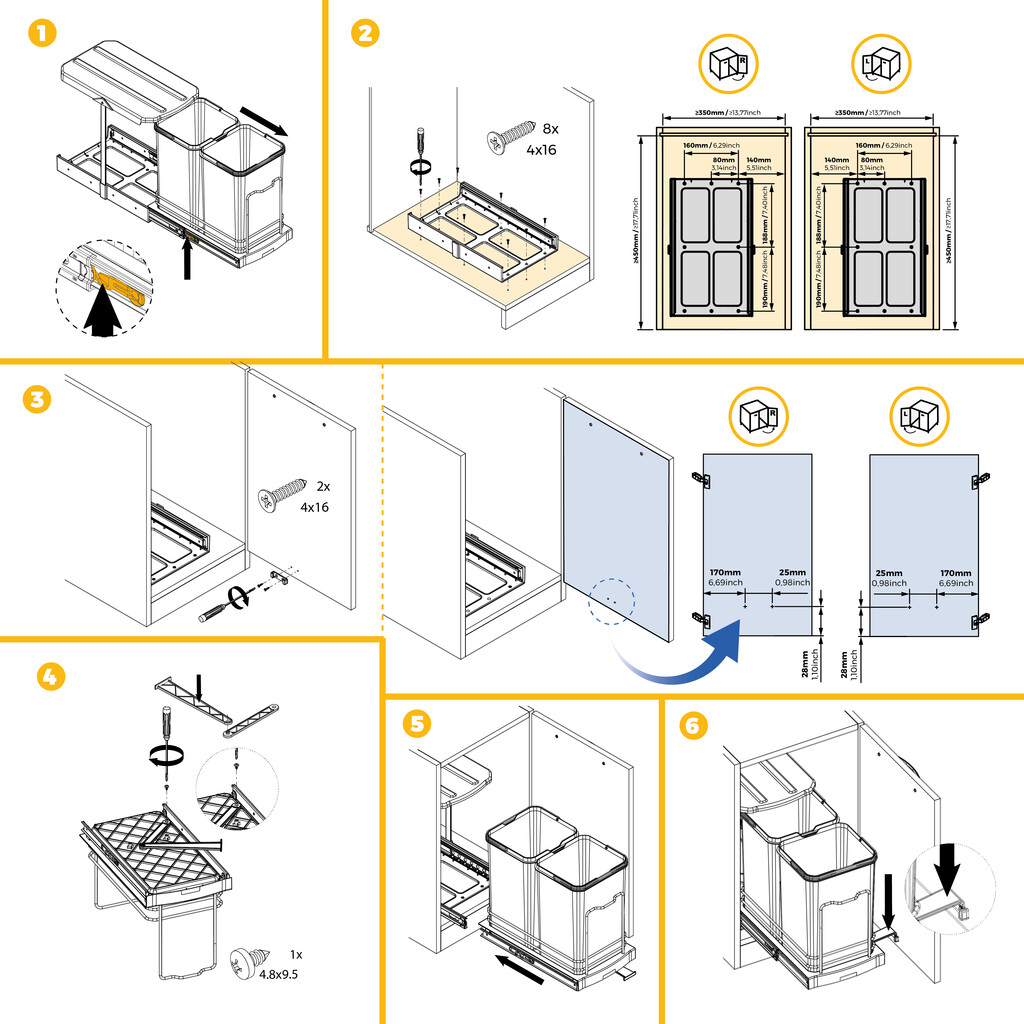 Balde do lixo reciclável Recycle para montagem no fundo e extraível manualmente/automaticamente na unidade de cozinha Recycle 2x12 litros, Cinza antracite Plástico-14