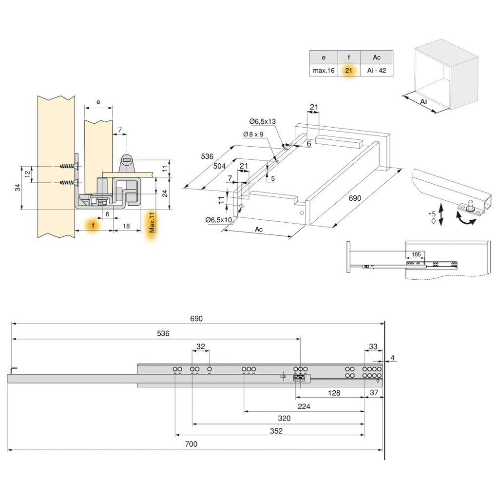 drawer slides Silver, partial-extension, with soft closing, depth 690mm, Right Hand, Steel, Zinc plated-1