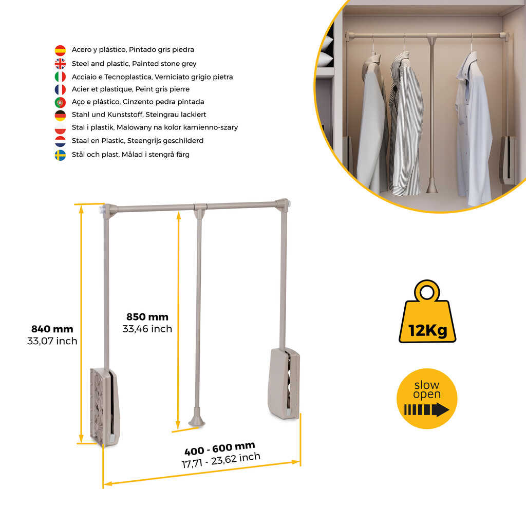 Penderie rabattable pour armoire Hang, 450 - 600, Peint gris pierre, Acier et Plastique.-7