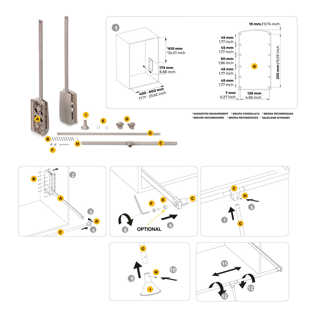 Penderie rabattable pour armoire Hang, 450 - 600, Peint gris pierre, Acier et Plastique.-9