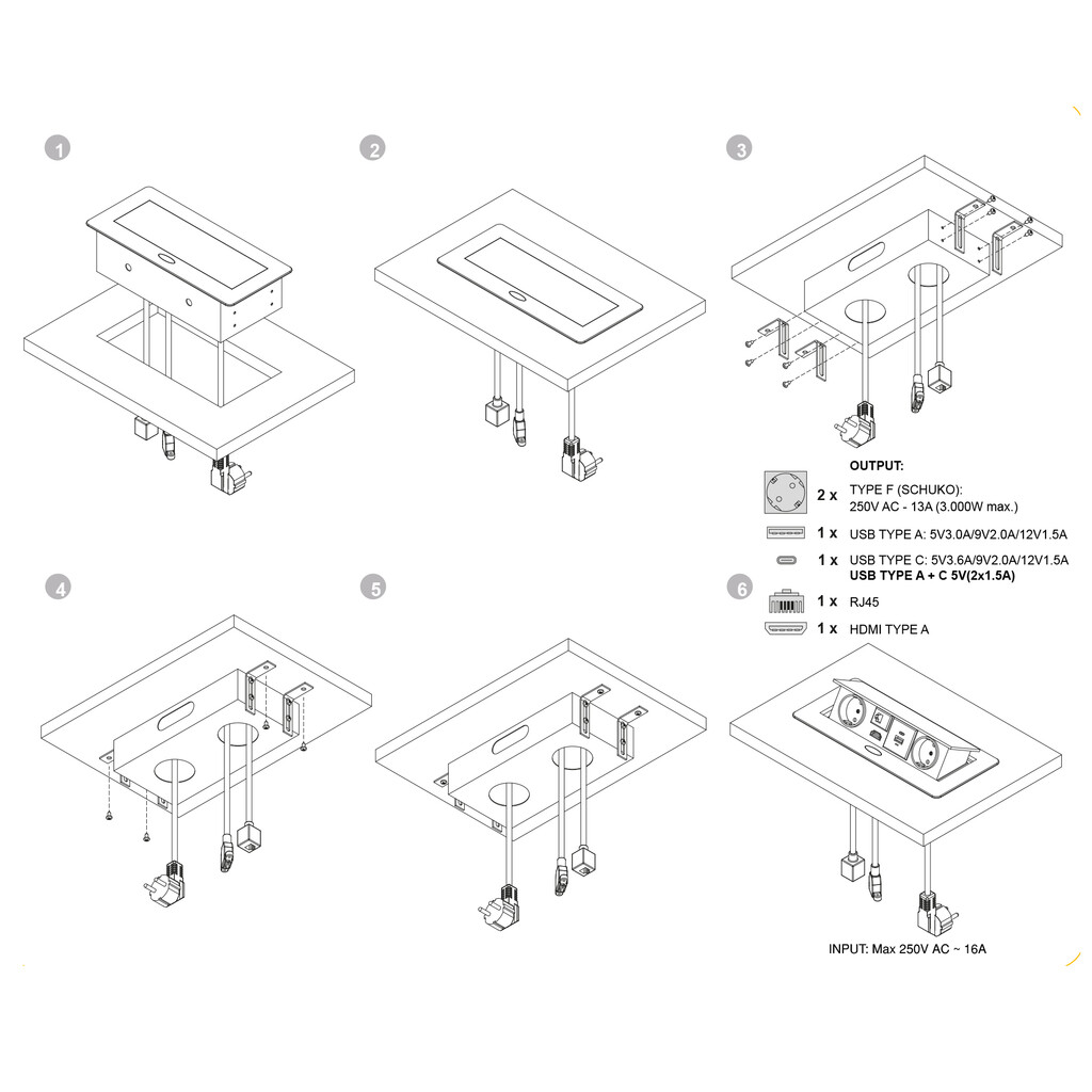 Multistecker Atom 26, 225x111mm, 2 Schuko-Stecker, 1 USB Typ A, 1 USB Typ C, 1 RJ45, 1 HDMI, Zamak-Stahl-Kunststoff, Schwarz-4