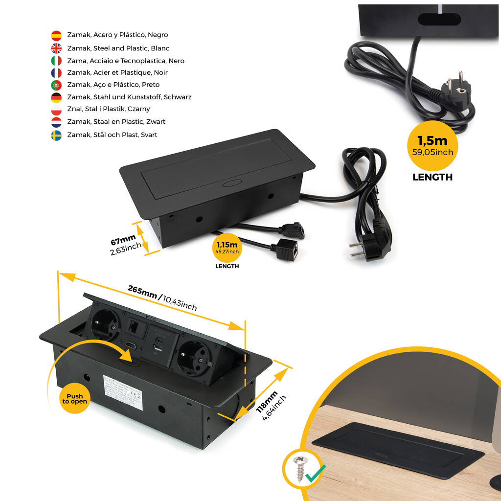 Multistecker Atom 26, 225x111mm, 2 Schuko-Stecker, 1 USB Typ A, 1 USB Typ C, 1 RJ45, 1 HDMI, Zamak-Stahl-Kunststoff, Schwarz-9