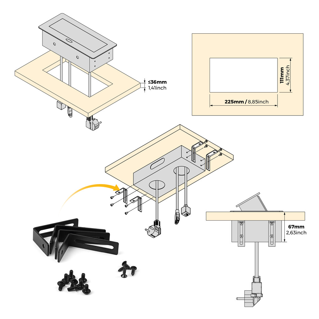 Multistecker Atom 26, 225x111mm, 2 Schuko-Stecker, 1 USB Typ A, 1 USB Typ C, 1 RJ45, 1 HDMI, Zamak-Stahl-Kunststoff, Schwarz-11